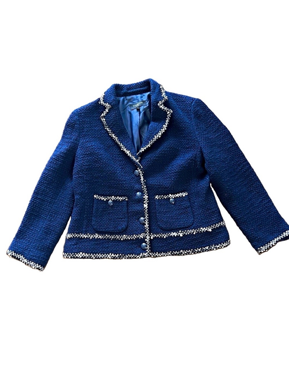 Talbots Navy Bouclé Blazer with White Trim